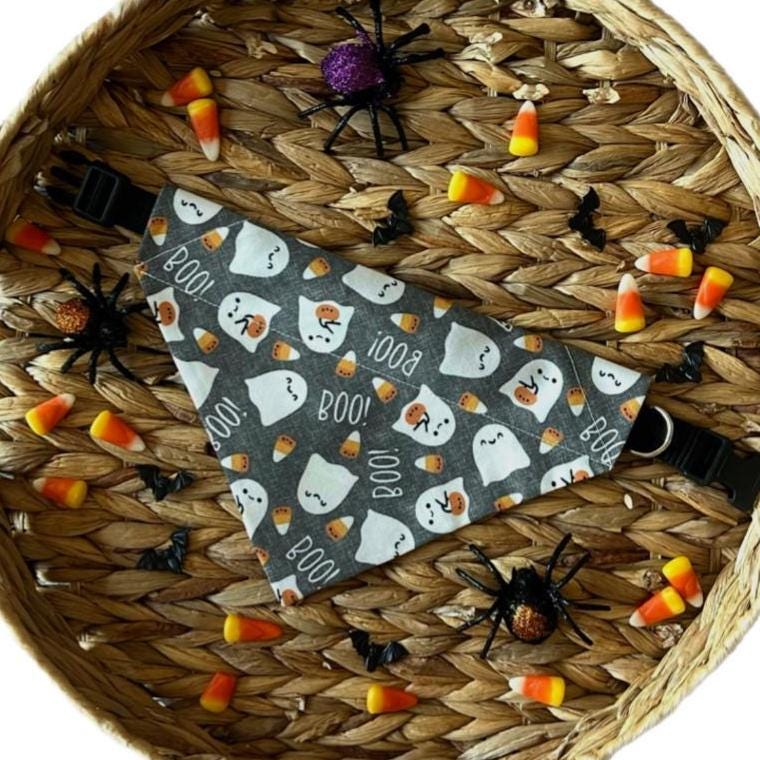 Halloween Dog Bandana: BOO! Ghosts & Candy Corn - Over the Collar Scrunchie