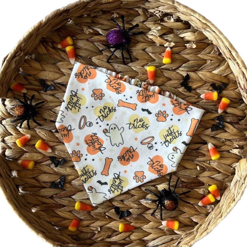 Halloween Ghosts Dog Bandana: No Tricks, Just Treats Over the Collar & Scrunchie