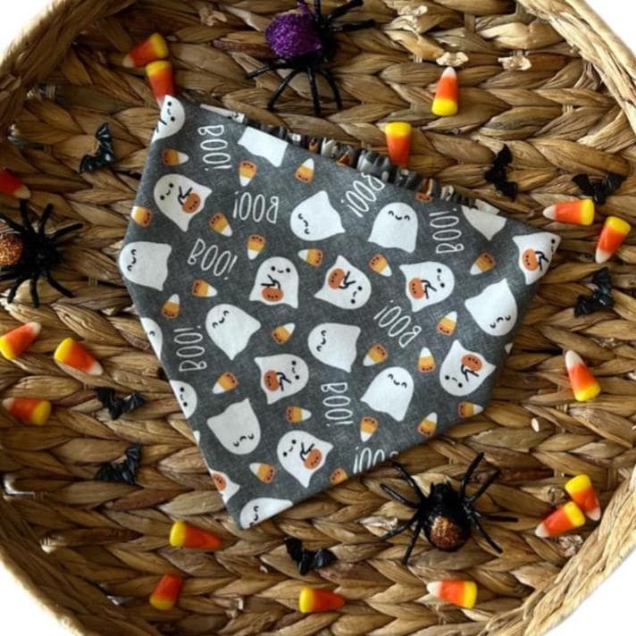 Halloween Dog Bandana: BOO! Ghosts & Candy Corn - Over the Collar Scrunchie