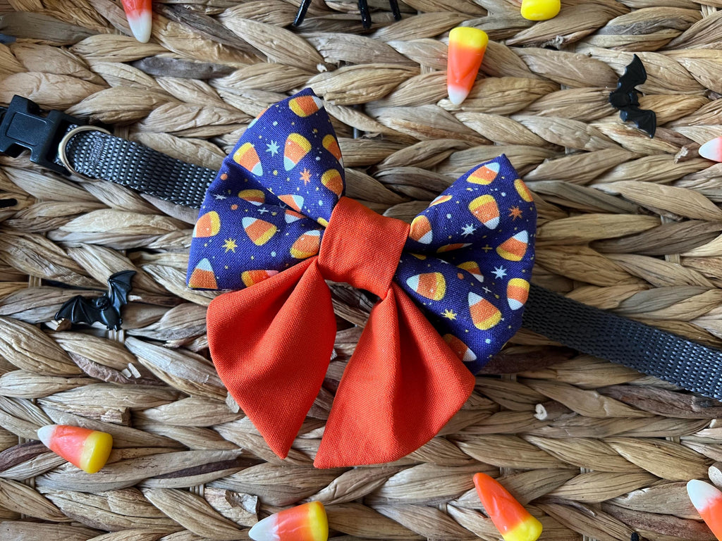 Halloween Candy Corn Dog Bow Tie: Purple & Orange Over-the-Collar