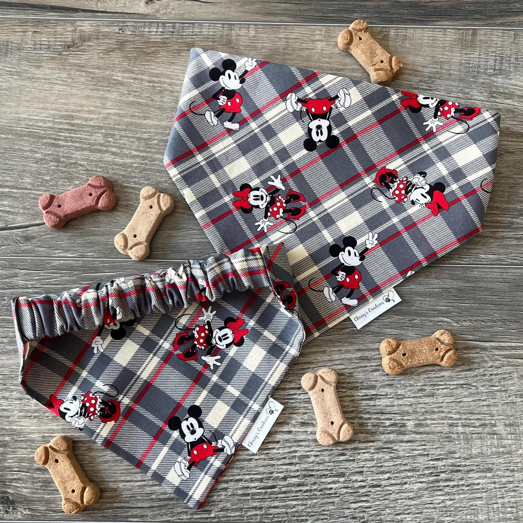 Mickey & Minnie Mouse Plaid Dog Bandana; Scrunchie Red, Gray, Black