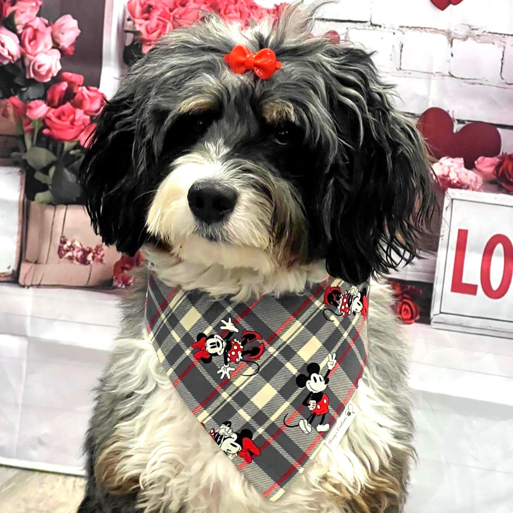 Mickey & Minnie Mouse Plaid Dog Bandana; Scrunchie Red, Gray, Black