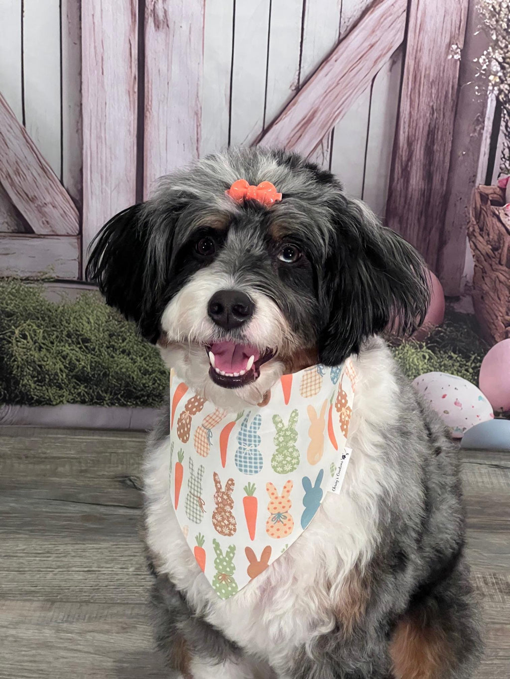 Easter Boho Bunnies and Carrots Dog Bandana: Scrunchie neutral colors