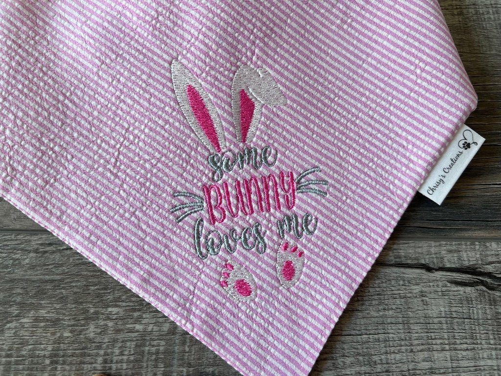 Easter Some Bunny Loves Me Dog Bandana: Scrunchie, Embroidered, Seersucker, Pink or Blue