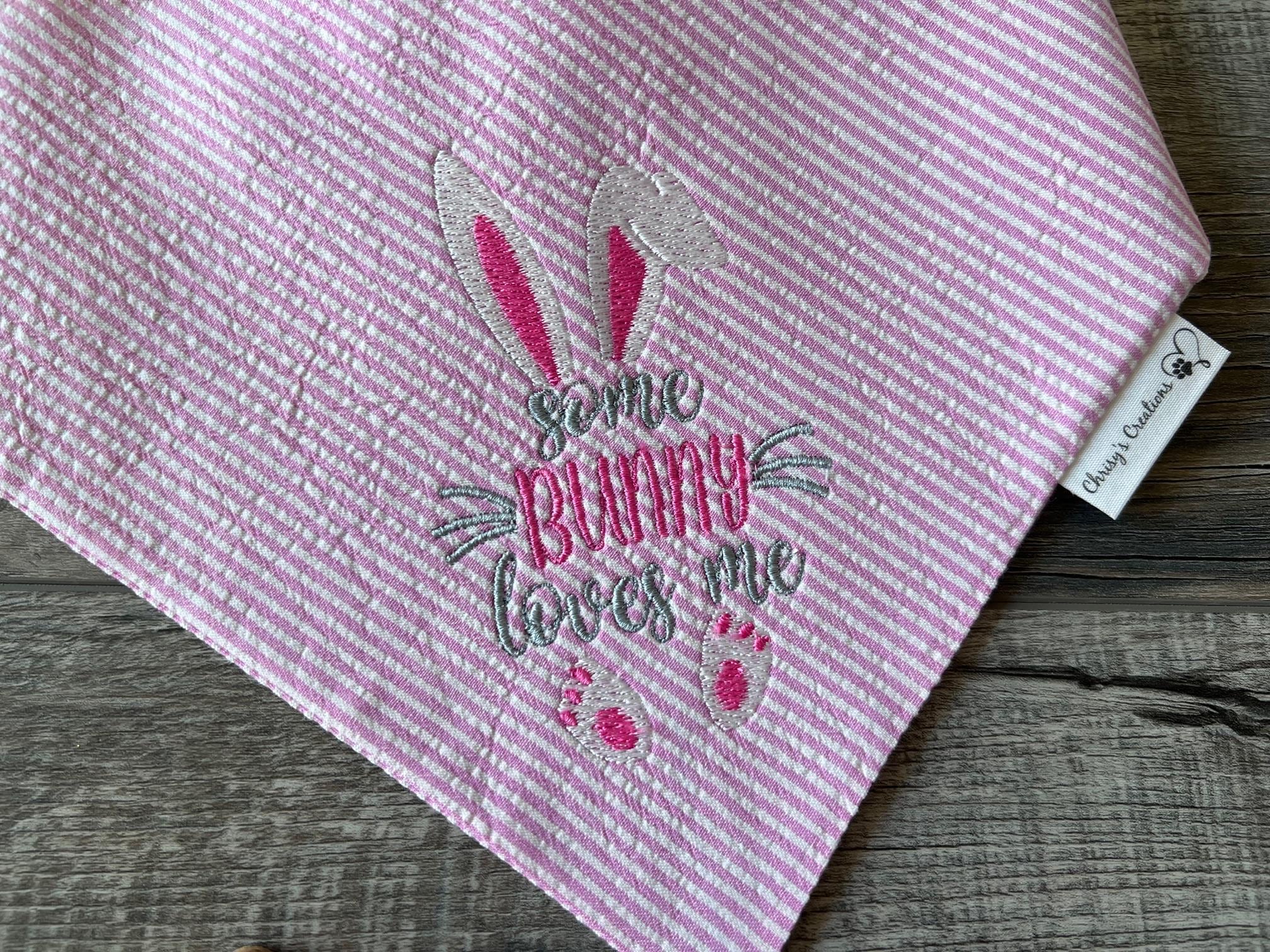 Easter Some Bunny Loves Me Dog Bandana: Scrunchie, Embroidered, Seersucker, Pink or Blue