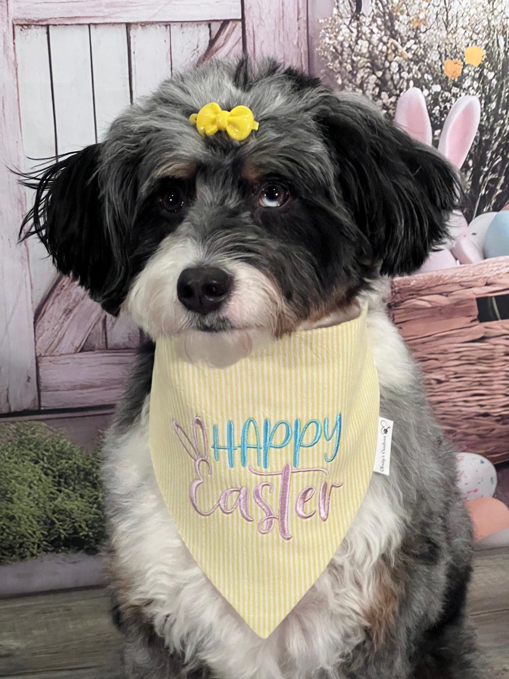 Happy Easter Embroidered Dog Bandana: Scrunchie, Yellow Seersucker