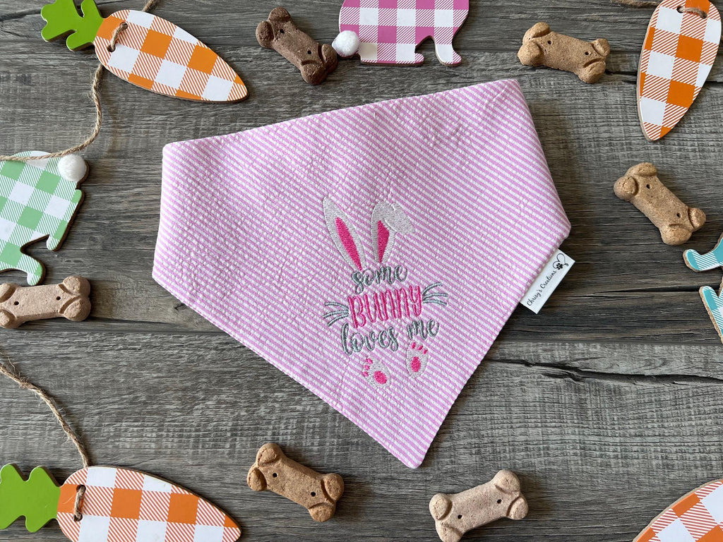 Easter Some Bunny Loves Me Dog Bandana: Scrunchie, Embroidered, Seersucker, Pink or Blue