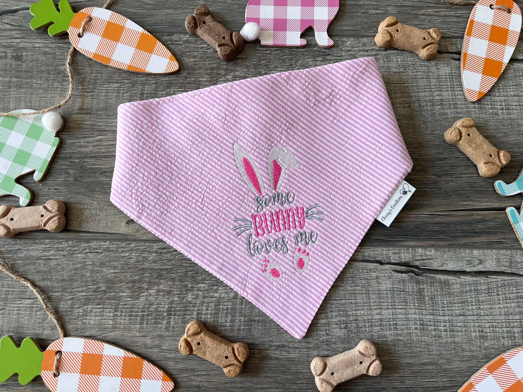 Easter Some Bunny Loves Me Dog Bandana: Scrunchie, Embroidered, Seersucker, Pink or Blue
