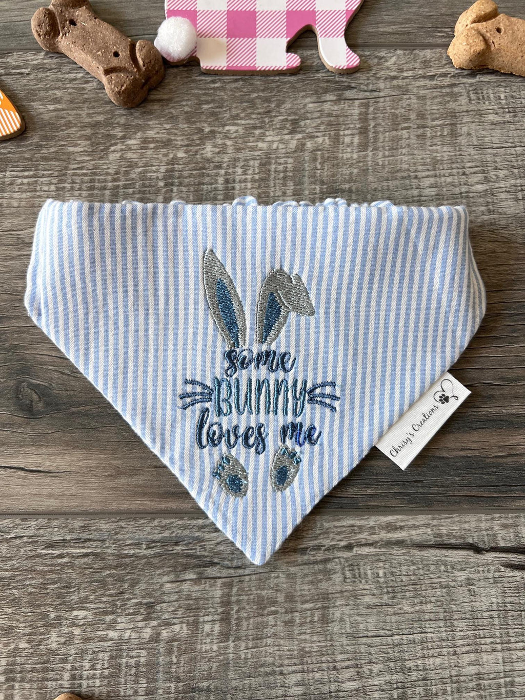 Easter Some Bunny Loves Me Dog Bandana: Scrunchie, Embroidered, Seersucker, Pink or Blue
