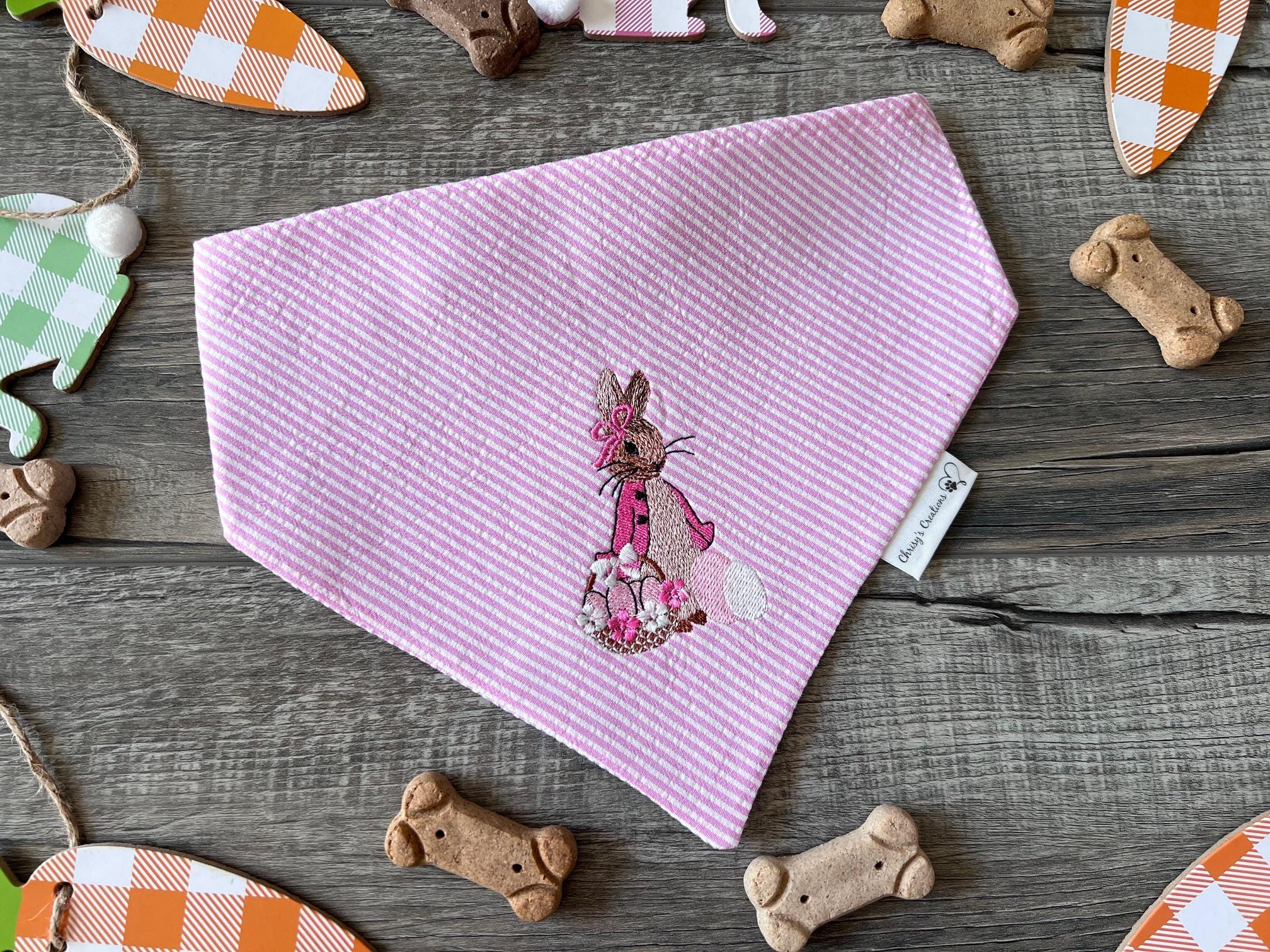 Easter Rabbit Dog Bandana: Scrunchie, Embroidered, Seersucker, Pink Girl or Blue Boy Bunny
