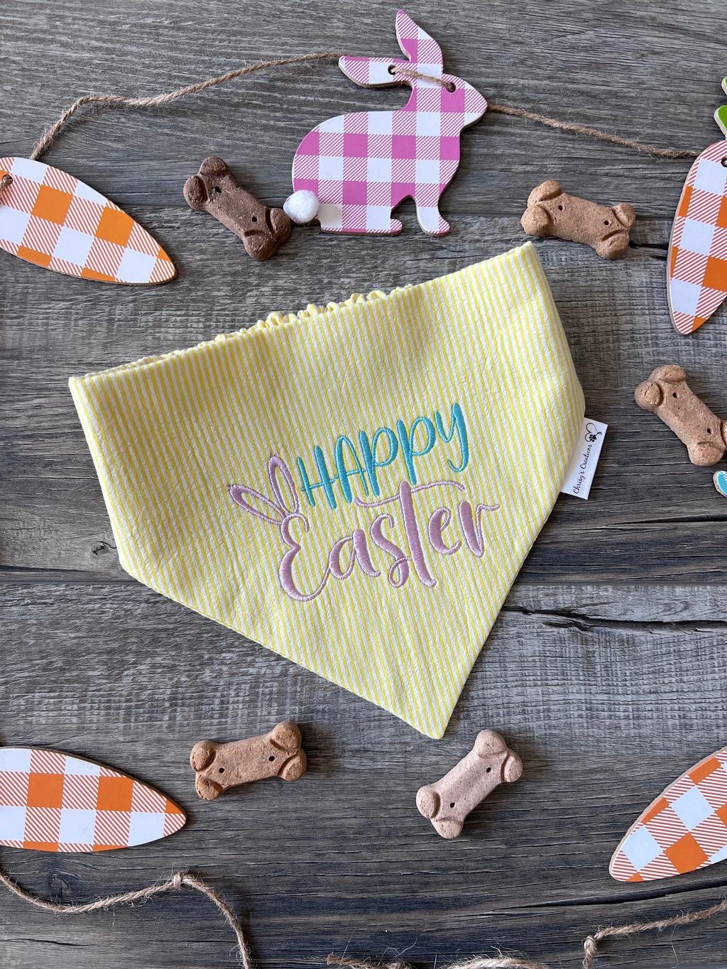 Happy Easter Embroidered Dog Bandana: Scrunchie, Yellow Seersucker
