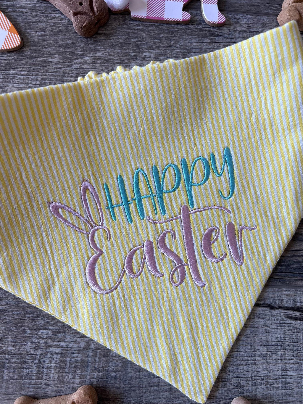 Happy Easter Embroidered Dog Bandana: Scrunchie, Yellow Seersucker