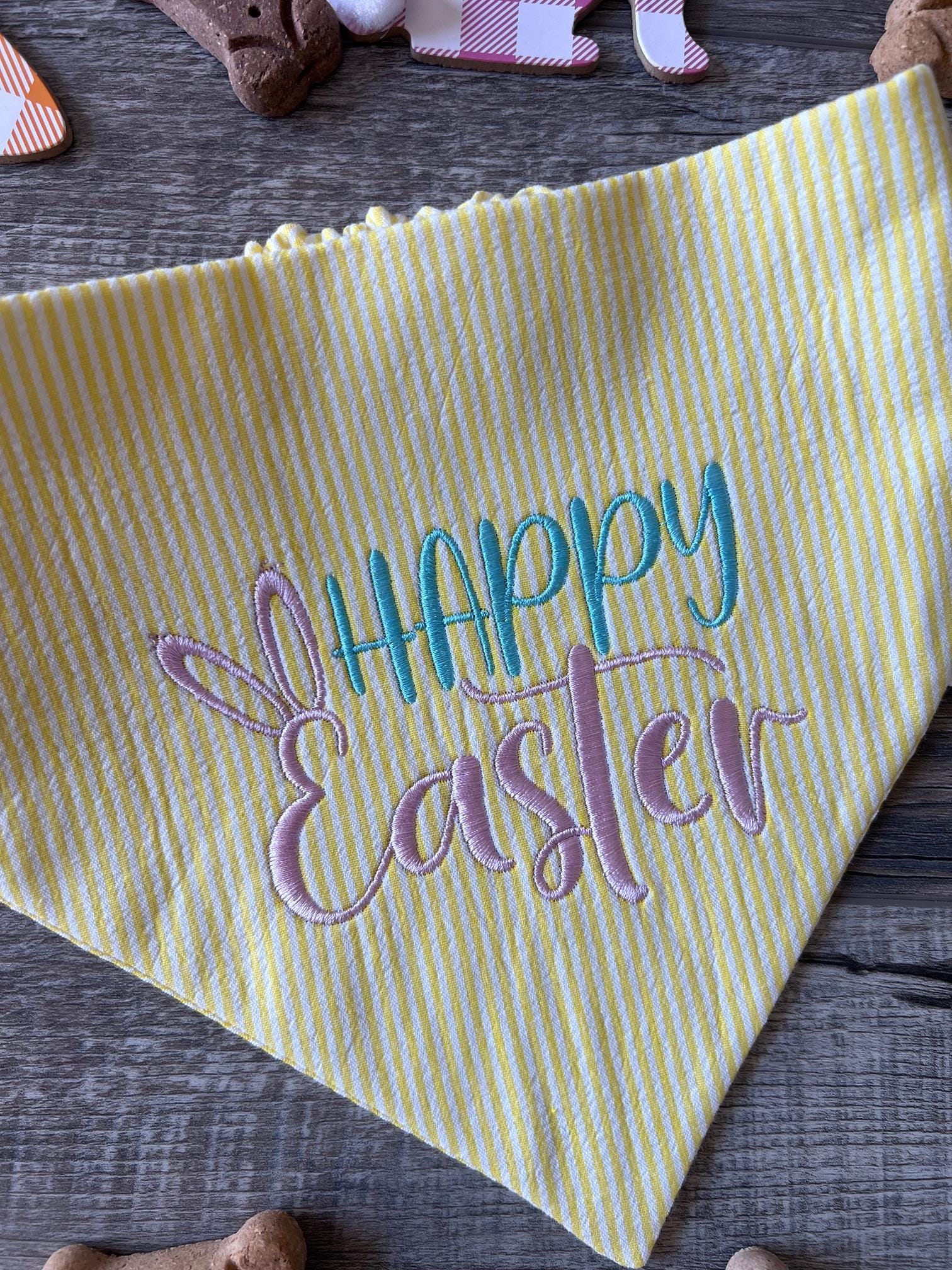 Happy Easter Embroidered Dog Bandana: Scrunchie, Yellow Seersucker