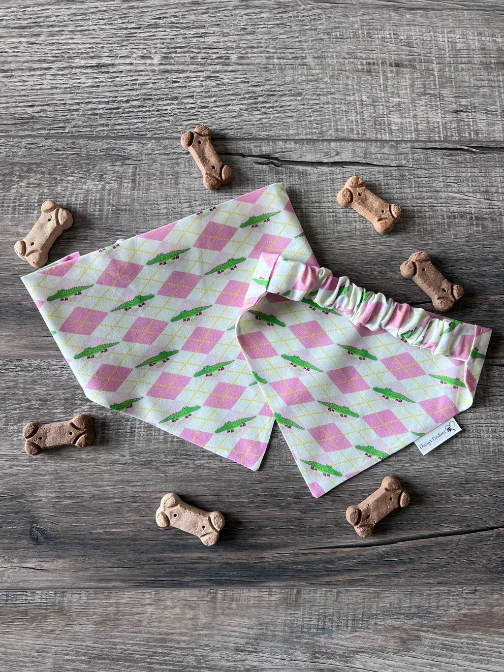 Crocodile Argyle Dog Bandana: Scrunchie Mint Green and Pink, Preppy, Luxe Couture