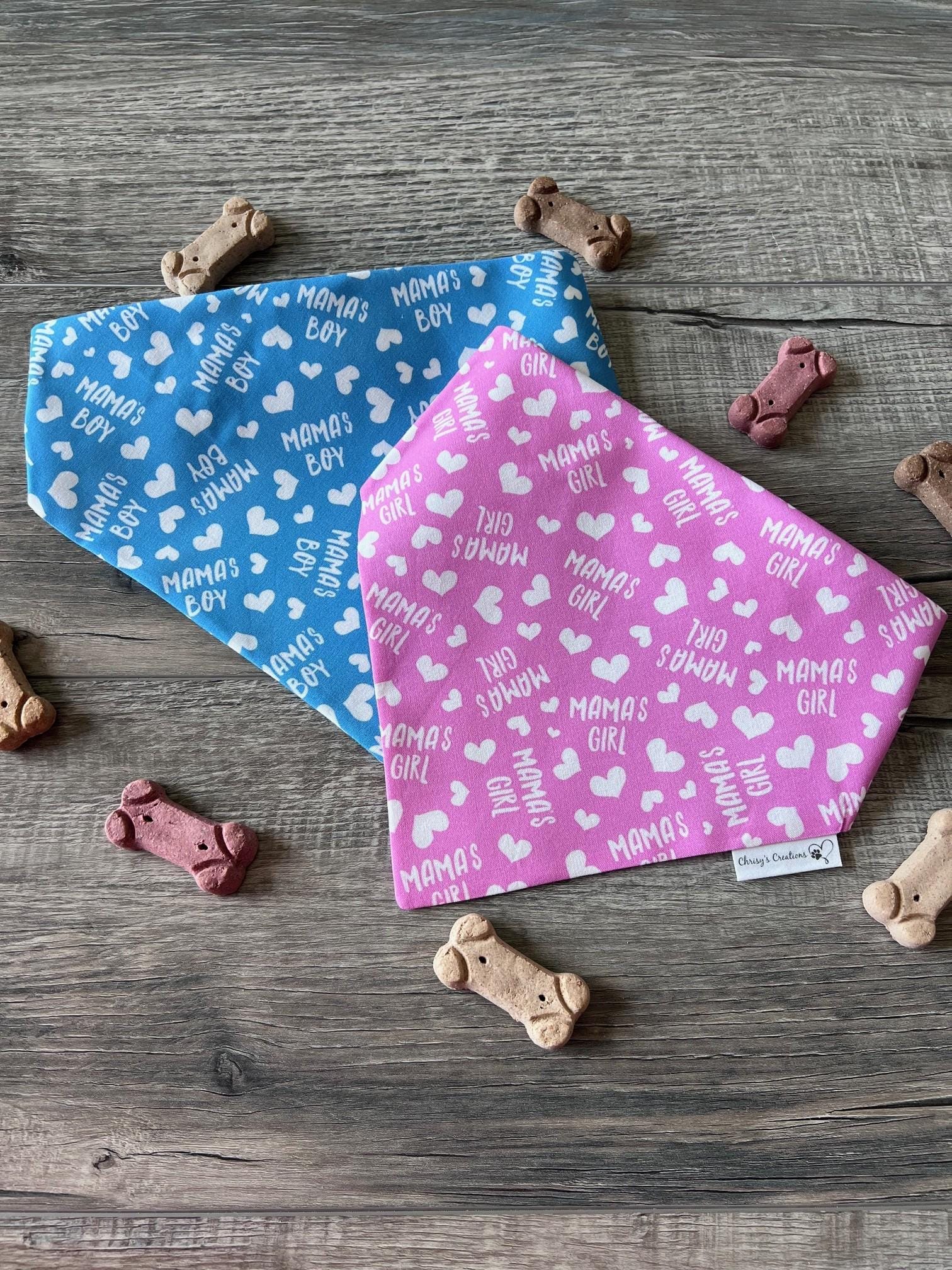 Mama's Boy or Girl Dog Bandana: Scrunchie Blue or Pink Hearts
