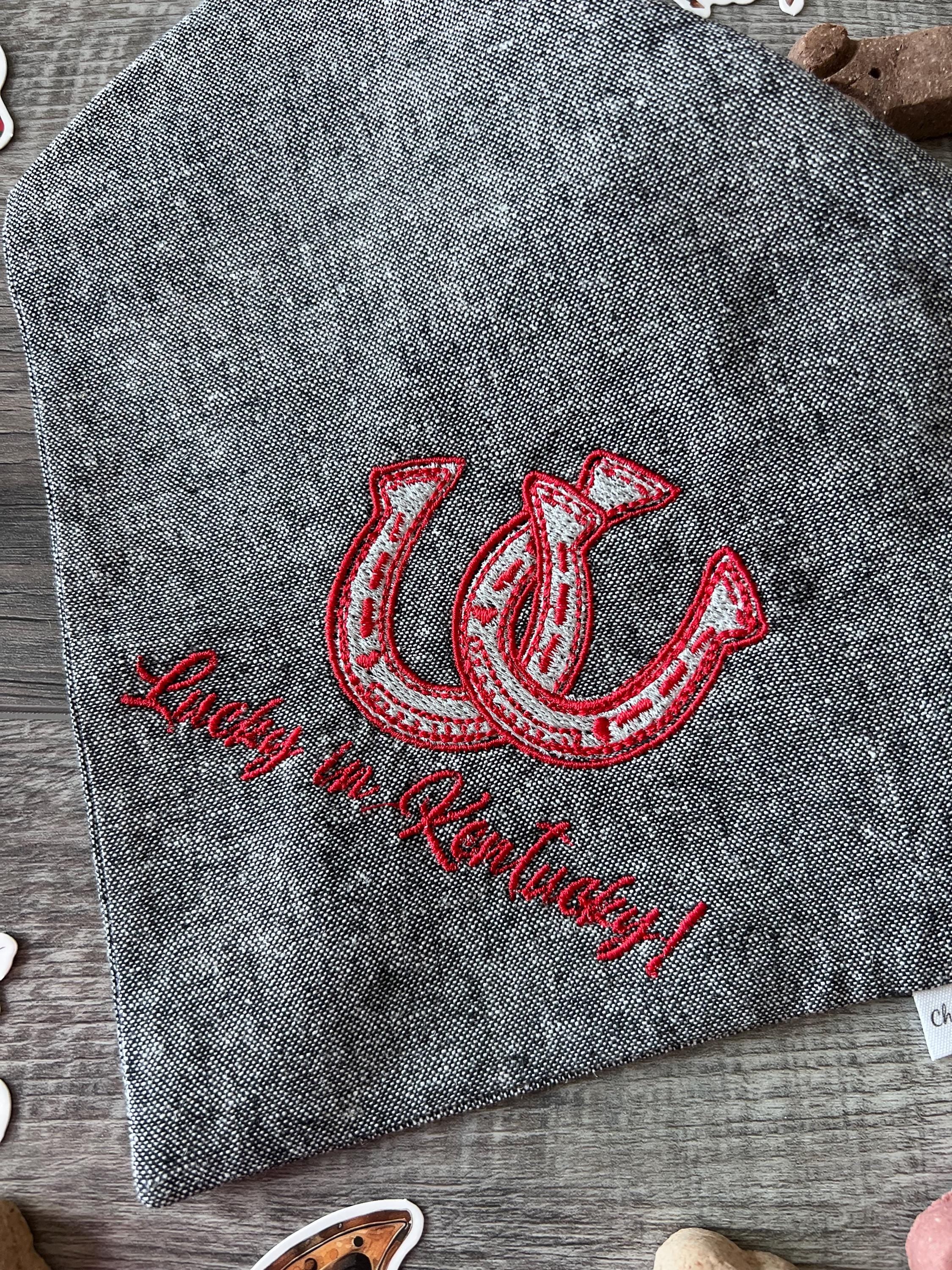 Lucky in Kentucky Embroidered Dog Bandana: Scrunchie Derby Horseshoe