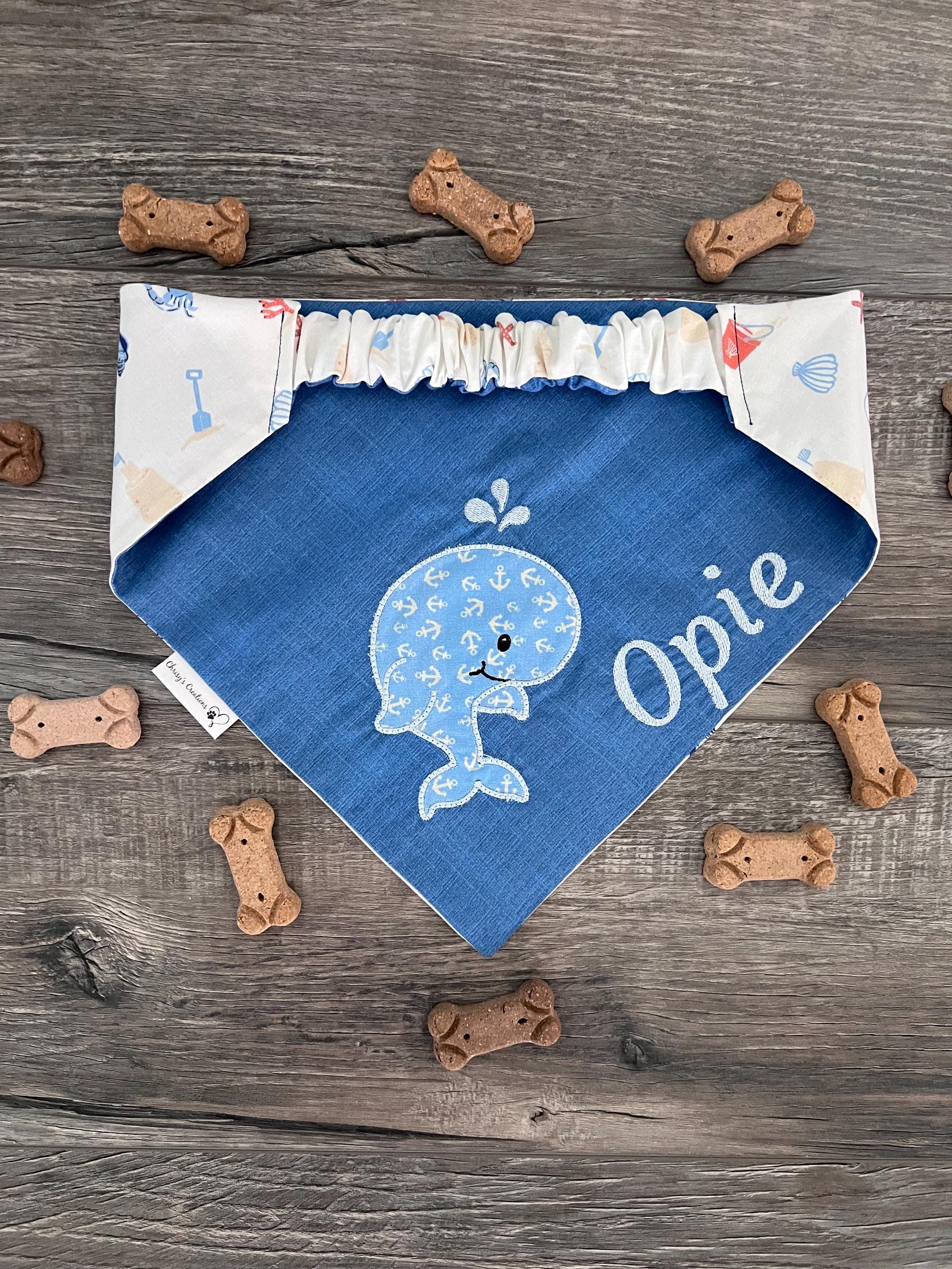 Sand and Sea Baby Whale Applique Dog Bandana: Scrunchie, Embroidered Beach Personalized Blue