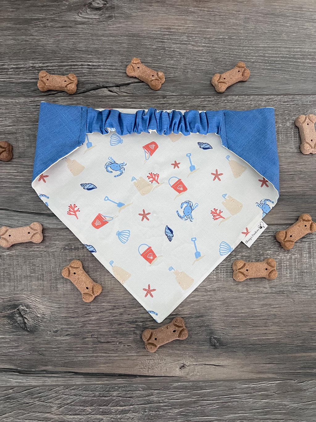 Sand and Sea Baby Whale Applique Dog Bandana: Scrunchie, Embroidered Beach Personalized Blue