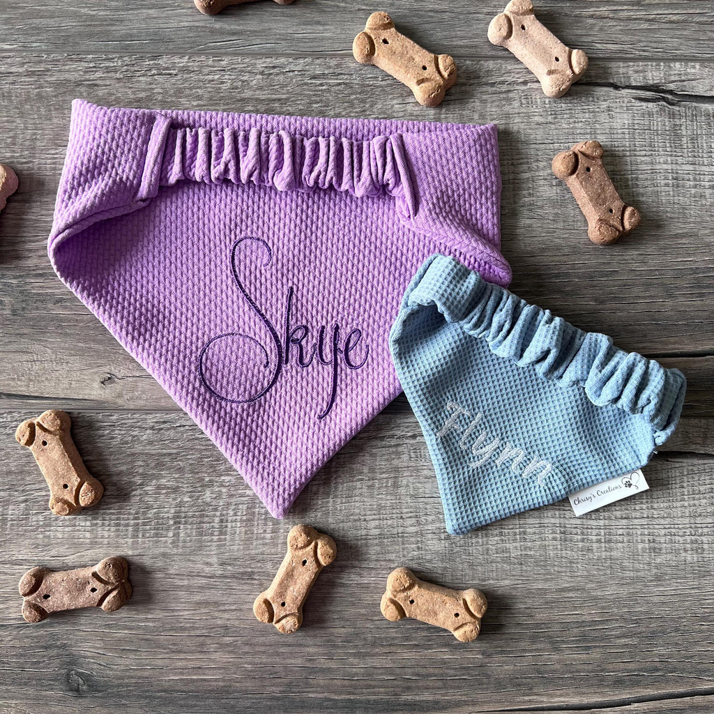Personalized Dog Bandana:  Scrunchie, Lavender or Dusty Blue; Knit Jersey Bullet Textured Fabric