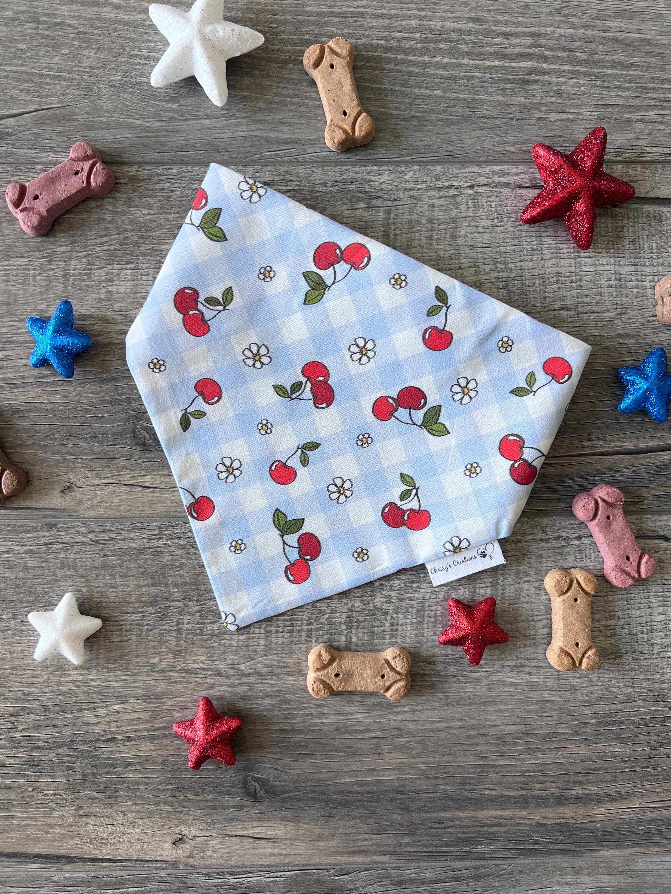 Patriotic Cherries Scrunchie Dog Bandana: Checkered Red, White, Blue Summer Fruit