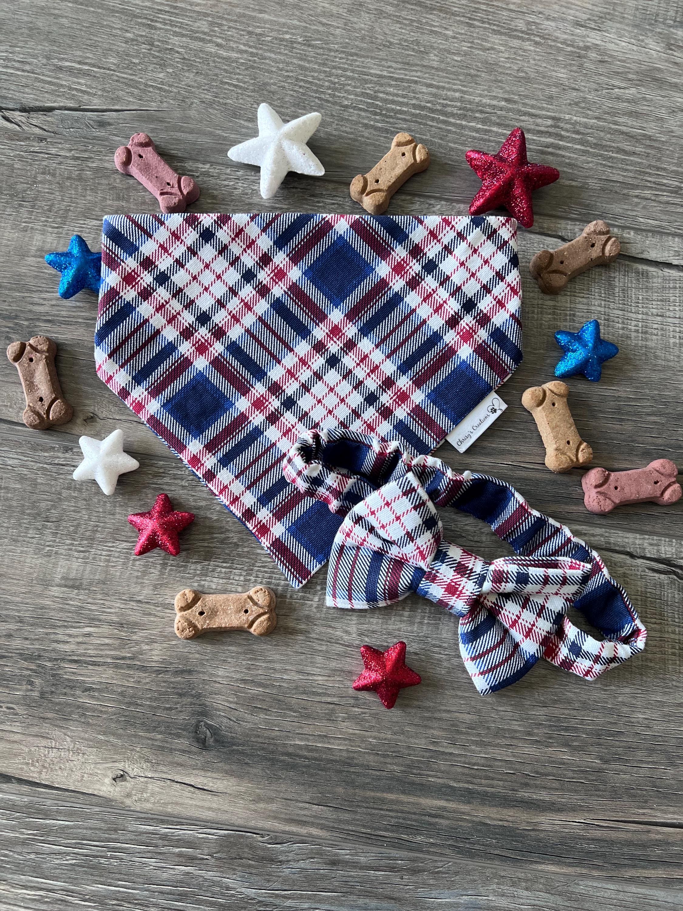 Patriotic Plaid Scrunchie Dog Bandana: Red, White, Blue,