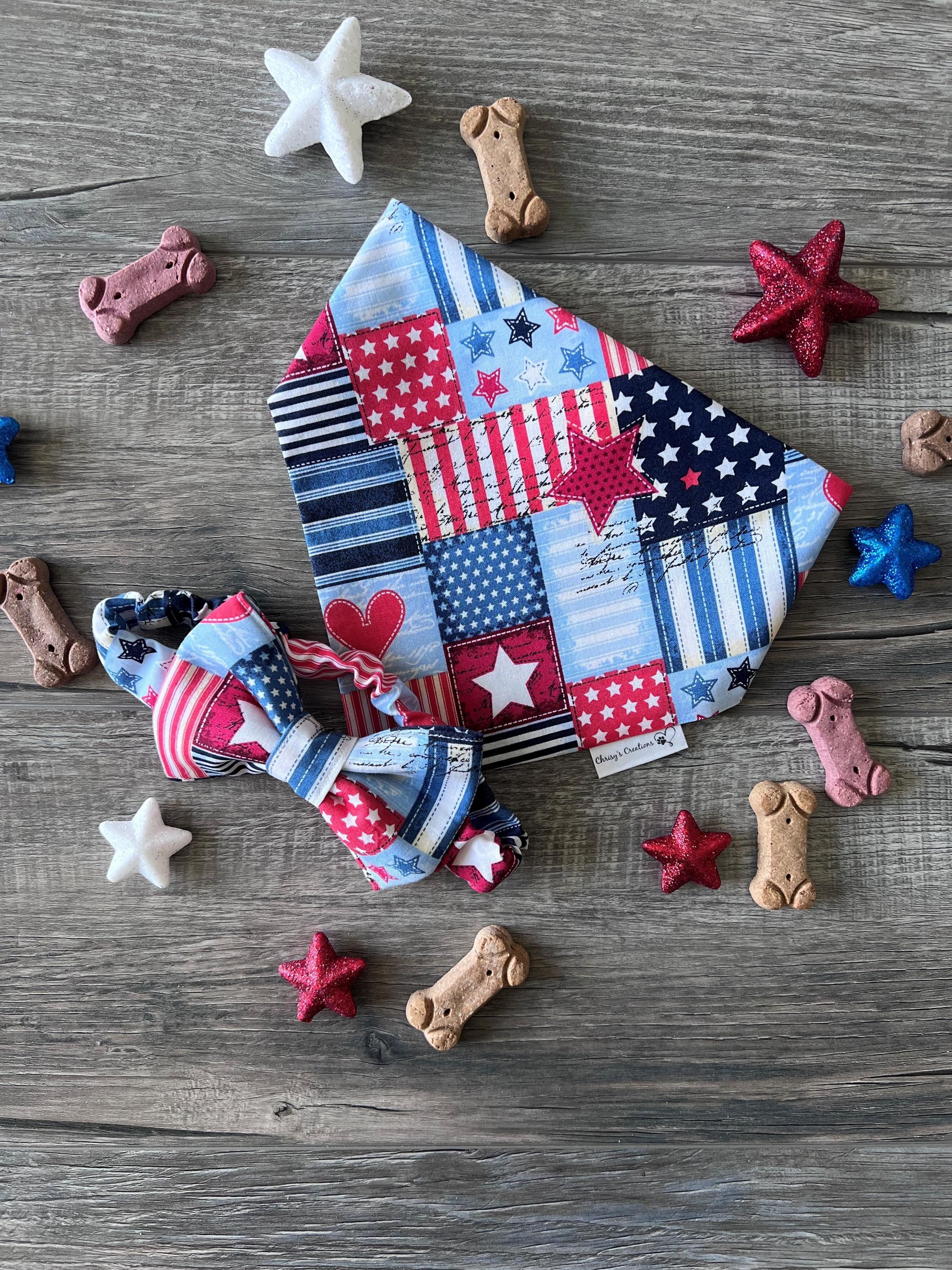 Patriotic Patches Scrunchie Dog Bandana / Bow Tie: Red, White, Blue Quilt, Hearts and Stars