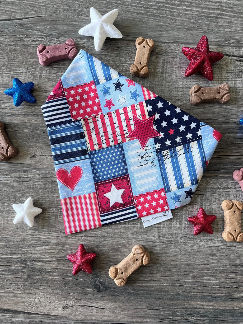 Patriotic Patches Scrunchie Dog Bandana / Bow Tie: Red, White, Blue Quilt, Hearts and Stars