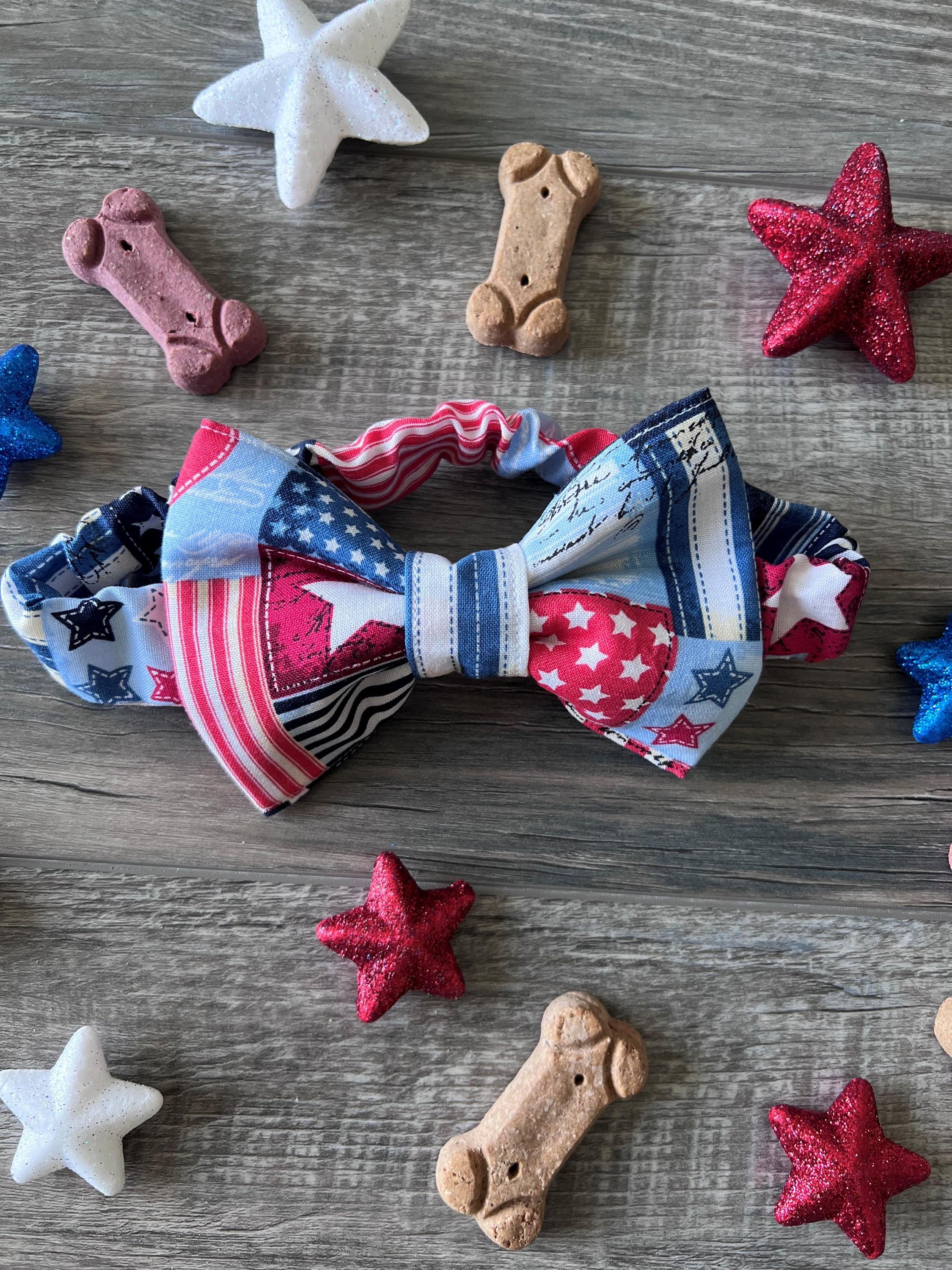 Patriotic Patches Scrunchie Dog Bandana / Bow Tie: Red, White, Blue Quilt, Hearts and Stars