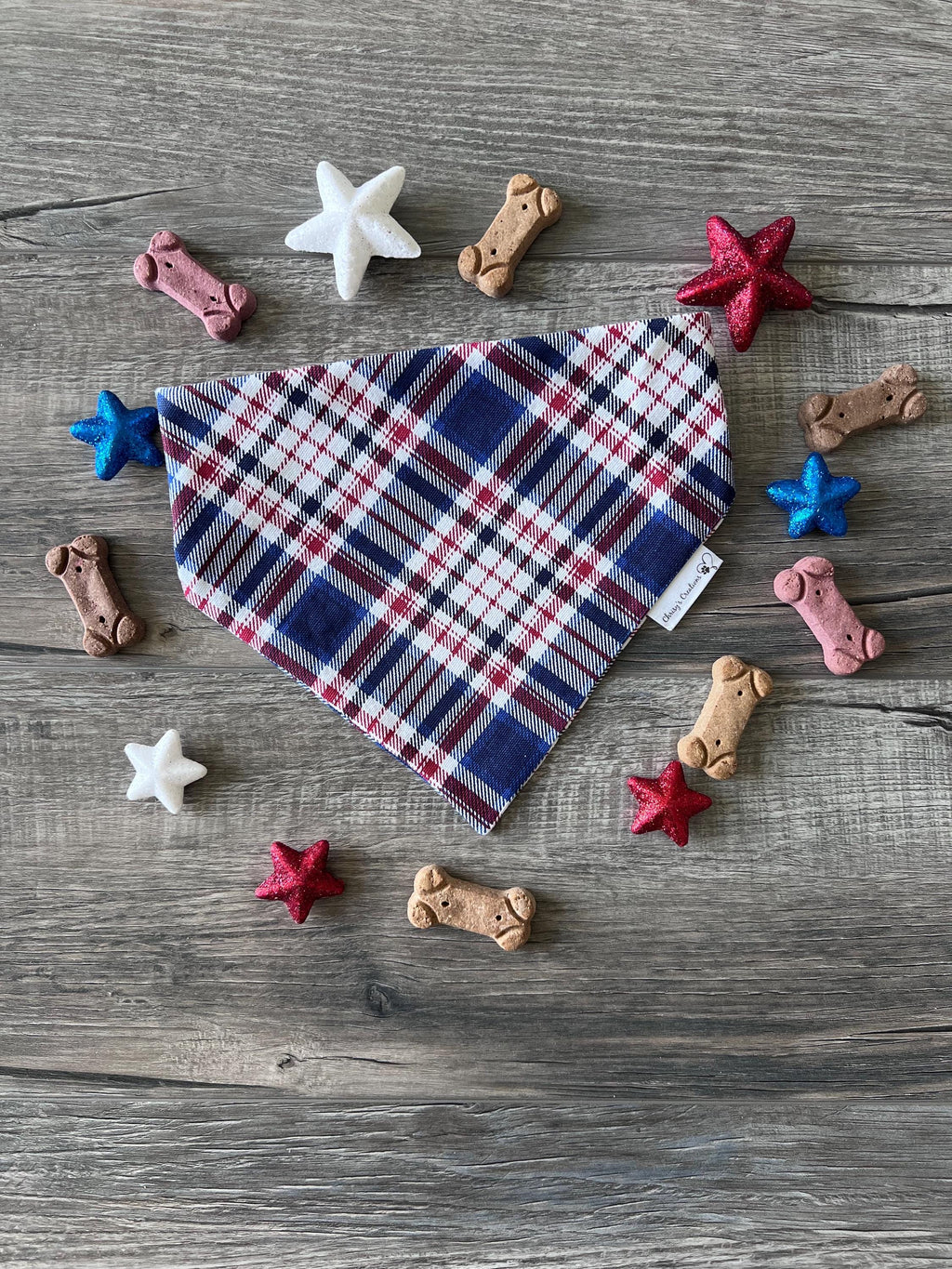 Patriotic Plaid Scrunchie Dog Bandana: Red, White, Blue,