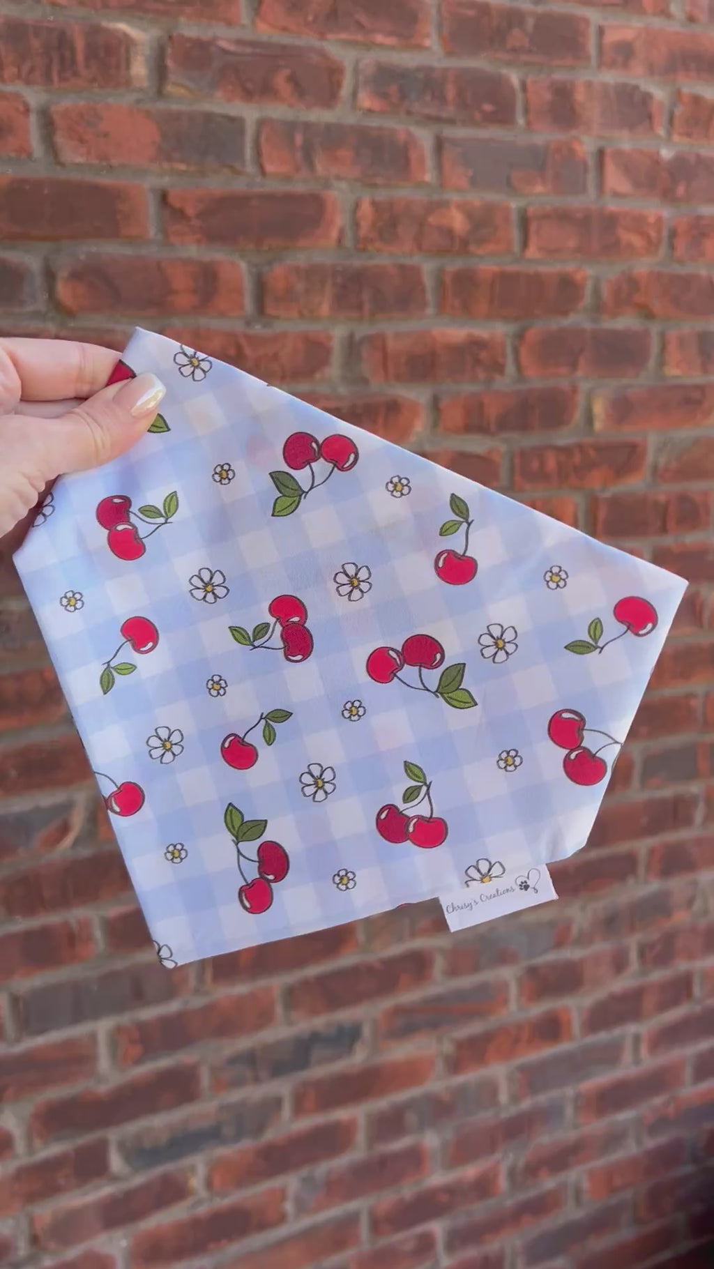 Patriotic Cherries Scrunchie Dog Bandana: Checkered Red, White, Blue Summer Fruit