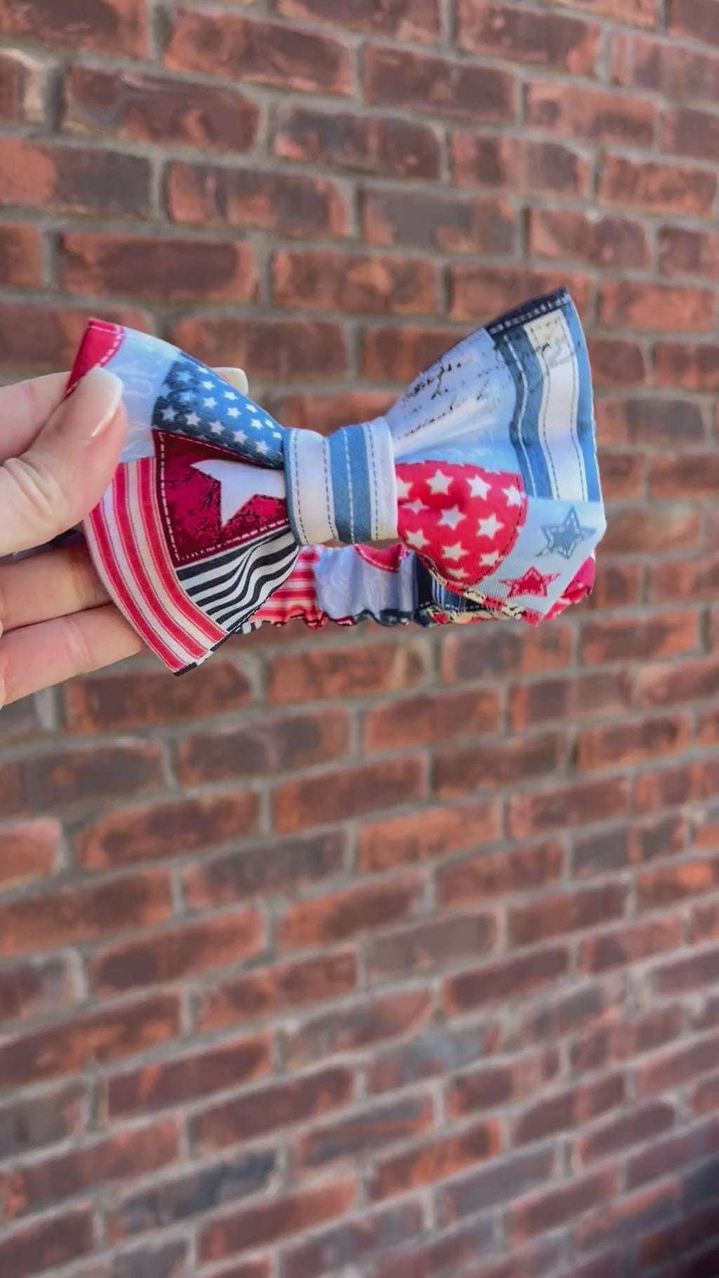 Patriotic Patches Scrunchie Dog Bandana / Bow Tie: Red, White, Blue Quilt, Hearts and Stars