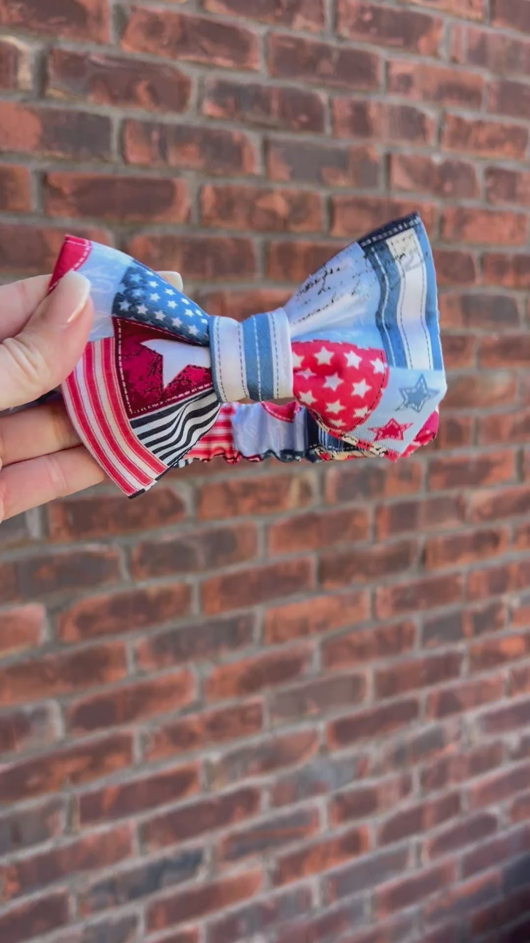 Patriotic Patches Scrunchie Dog Bandana / Bow Tie: Red, White, Blue Quilt, Hearts and Stars