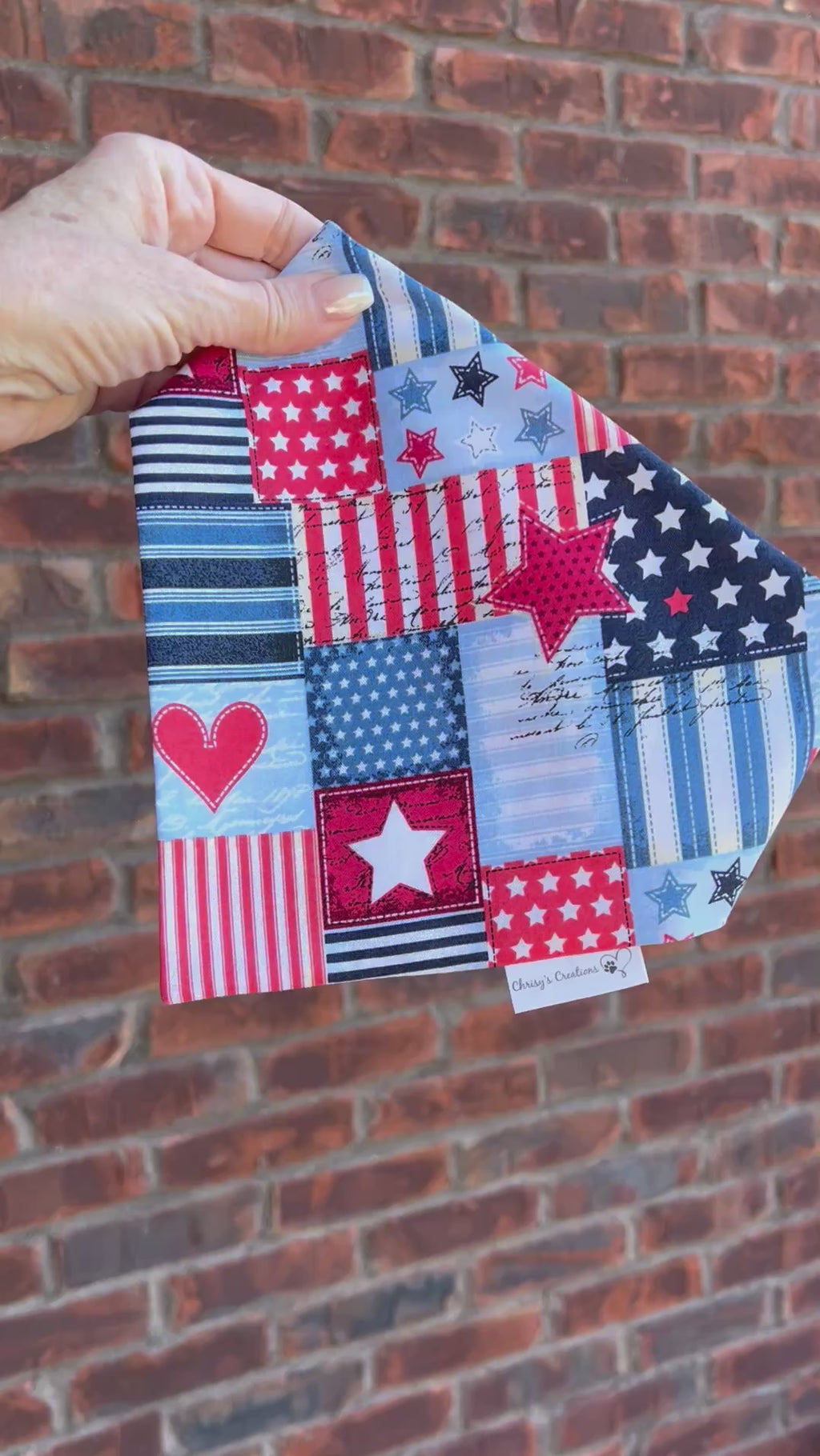 Patriotic Patches Scrunchie Dog Bandana / Bow Tie: Red, White, Blue Quilt, Hearts and Stars