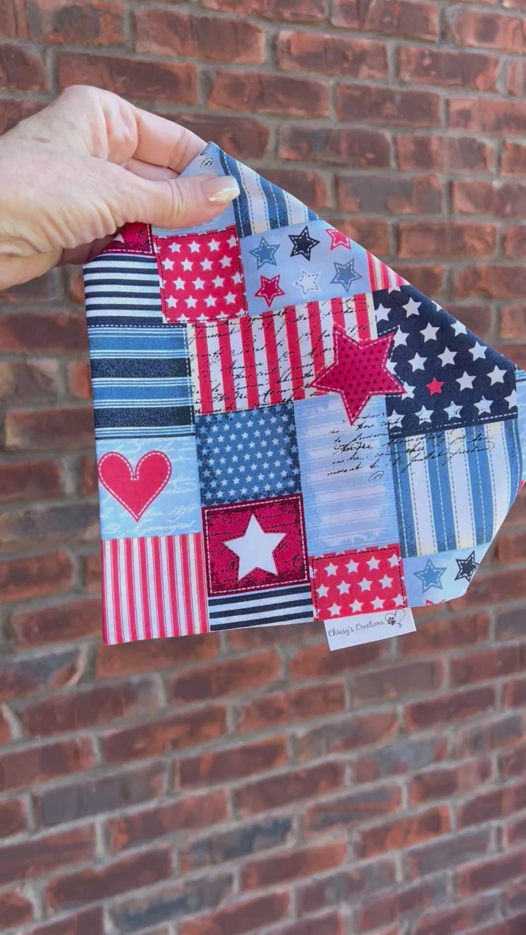 Patriotic Patches Scrunchie Dog Bandana / Bow Tie: Red, White, Blue Quilt, Hearts and Stars