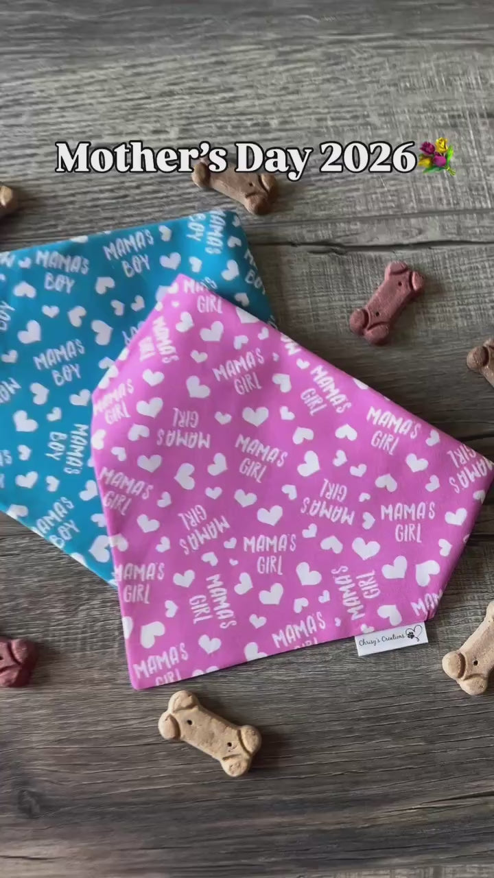 Mama's Boy or Girl Dog Bandana: Scrunchie Blue or Pink Hearts